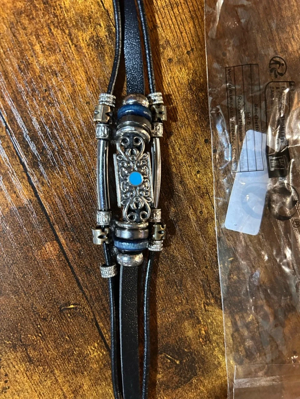 Vintage Multilayer Black Leather Bracelet Silver Accents and Turquoise Stone